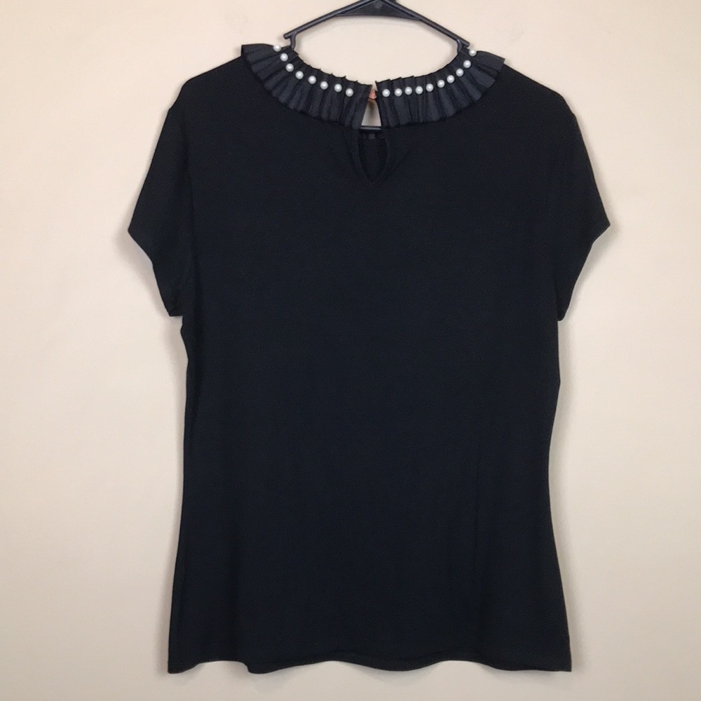 Ted Baker Black Pleated Pearl-Trim Short Sleeve Top - Picture 4 of 7